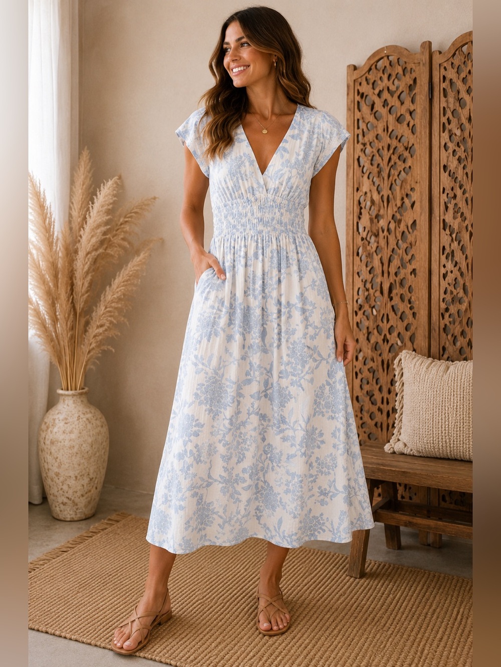 Universal Thread Blue & White Floral Smocked Maxi Dress | Small